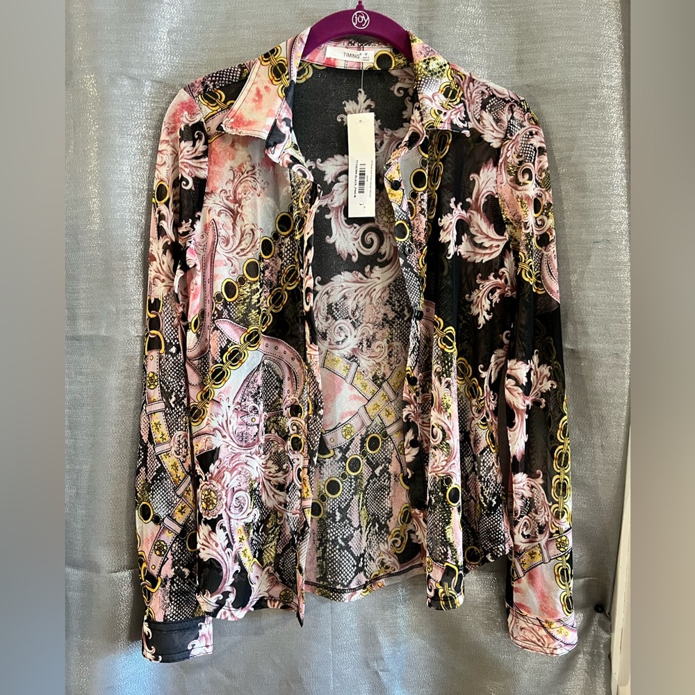 LS rope a chain design blouse black and pink size m